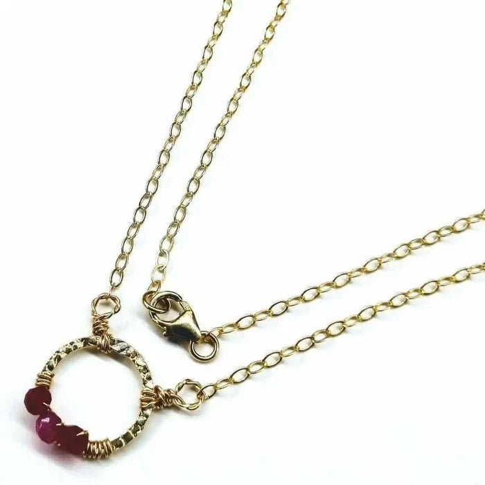 Gold Filled Pink Chalcedony Open Circle Necklace with delicate chain and gemstone accents.