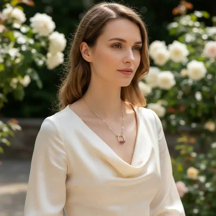 Model wearing a Gold Filled Pink Chalcedony Open Circle Necklace in a floral garden.