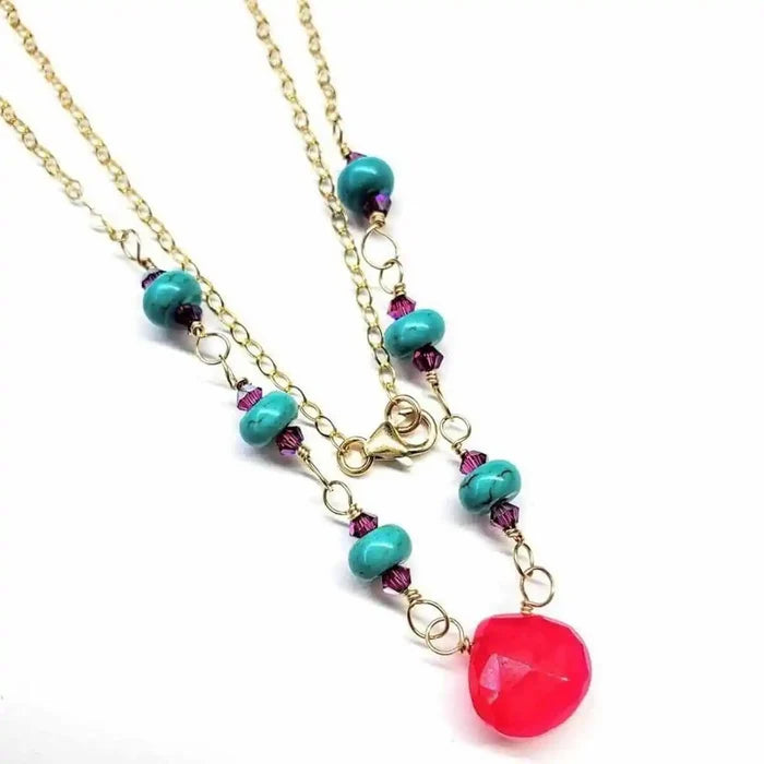 Gold Filled Pink Chalcedony Turquoise Gemstone Drop Necklace featuring pink chalcedony and turquoise beads on gold chain.