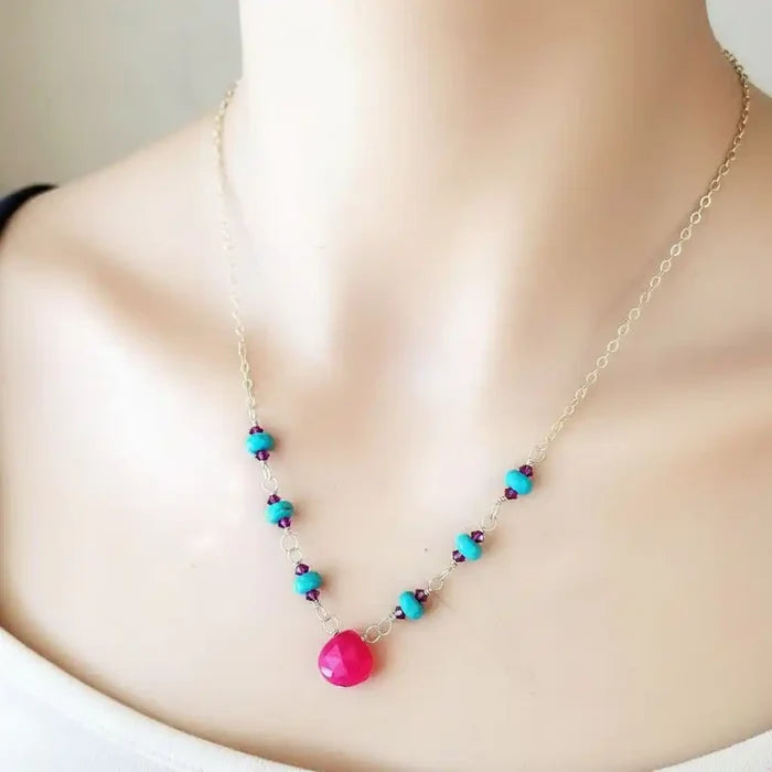 Gold Filled Pink Chalcedony Turquoise Gemstone Drop Necklace with vibrant chalcedony and turquoise beads.