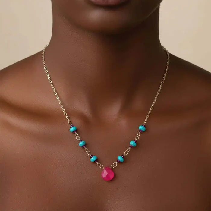 Gold Filled Pink Chalcedony Turquoise Gemstone Drop Necklace on model, featuring pink chalcedony and turquoise beads.