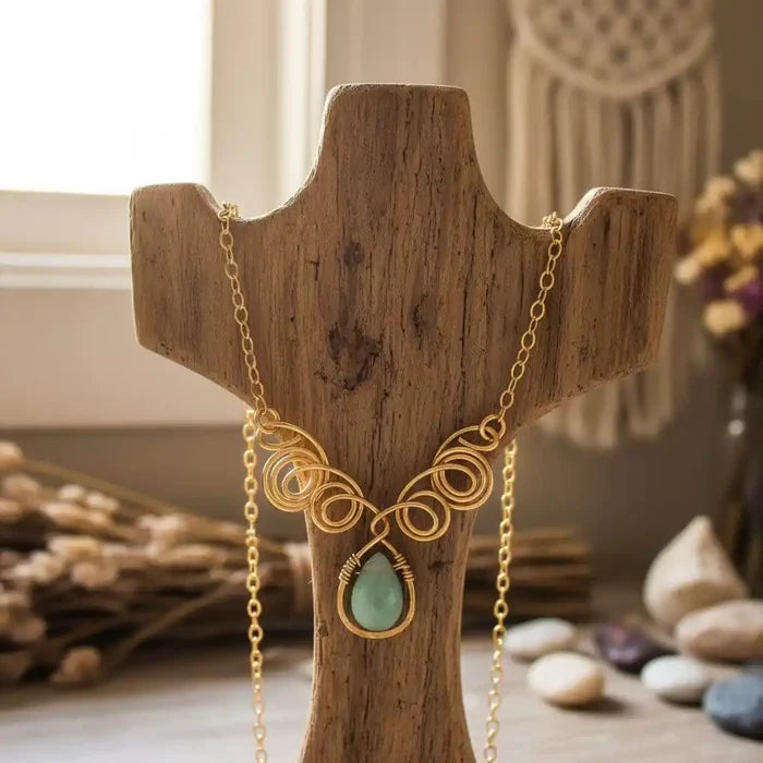 Gold Filled Wire Sculpted Mint Gemstone Drop Necklace