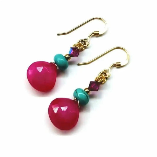 Gold Filled Wire Wrapped Pink And Aqua Gemstone Earrings showcasing hot pink and aqua colored gemstones.