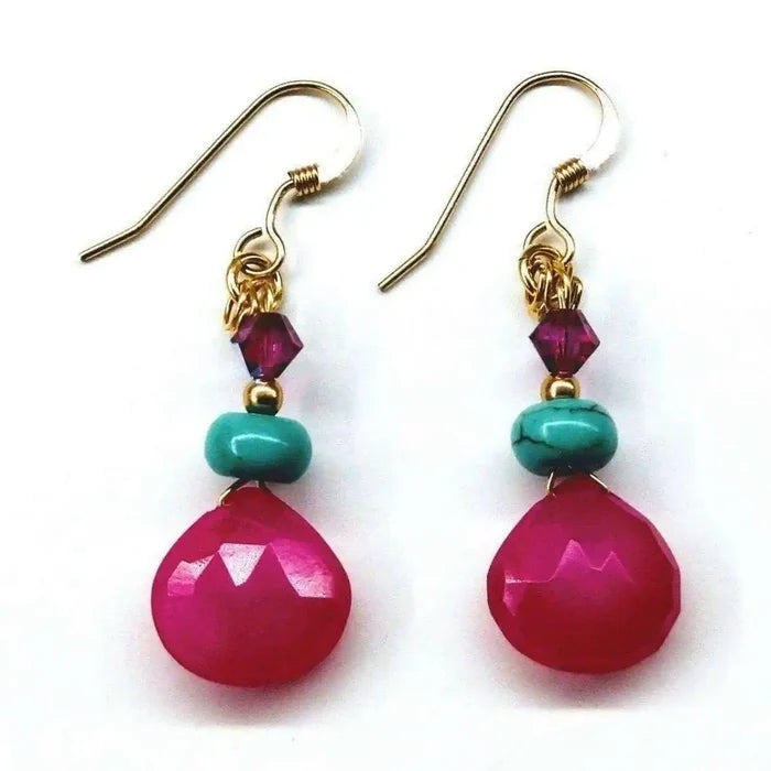 Gold Filled Wire Wrapped Pink And Aqua Gemstone Earrings featuring vibrant pink and aqua stones on gold wire.
