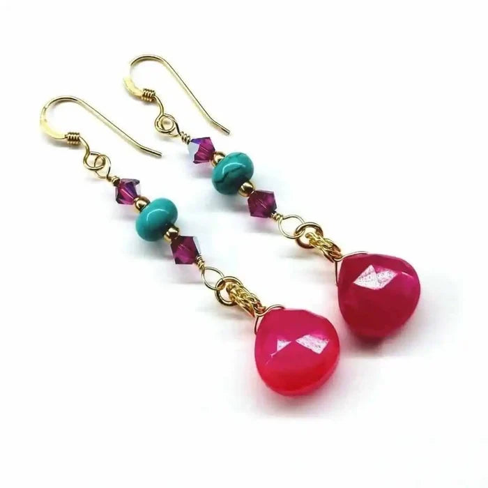 Gold Filled Wire Wrapped Pink Turquoise Gemstone Earrings with hot pink chalcedony briolettes and turquoise heishi beads.