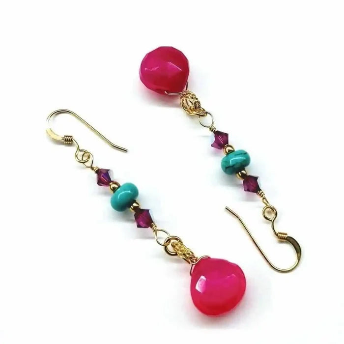 Gold Filled Wire Wrapped Pink Turquoise Gemstone Earrings showcasing vibrant pink chalcedony and turquoise beads.