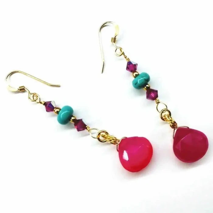 Gold Filled Wire Wrapped Pink Turquoise Gemstone Earrings with hot pink chalcedony briolettes and turquoise heishi beads.