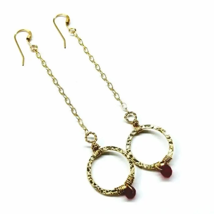 Gold Filled Wrapped Pink Chalcedony Open Circle Earrings with gold chain and geometric design.