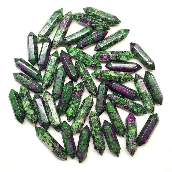 Gold Wire Caged In Ruby In Zoisite Pointed Crystal Necklace showcasing ruby in zoisite pointed crystals.