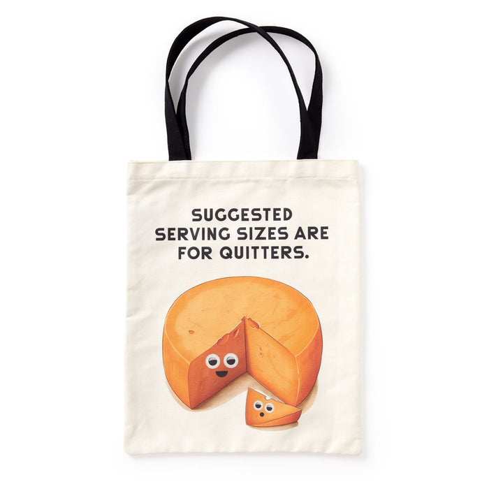 The Googly Food Canvas Tote by Brass Monkey features black handles and quirky cheese art with the phrase “Suggested serving sizes are for quitters”—a fun way to add foodie flair to your everyday style.