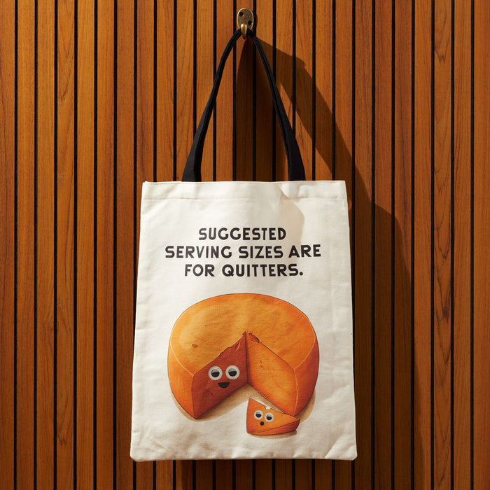 The Brass Monkey Googly Food Canvas Tote features playful art of a pie and slice with googly eyes, plus the phrase Suggested serving sizes are for quitters, bringing foodie flair to your daily carryall.