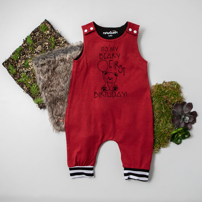 Gray "It's My Beary First Birthday" Birthday Romper with Striped Cuff