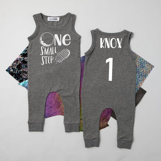 Gray "One Small Step" Slim Fit Birthday Romper