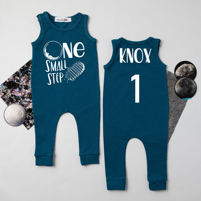 Gray "One Small Step" Slim Fit Birthday Romper