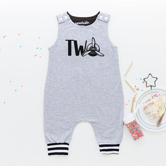 Gray "Two" Airplane Themed Birthday Romper with Striped Cuff