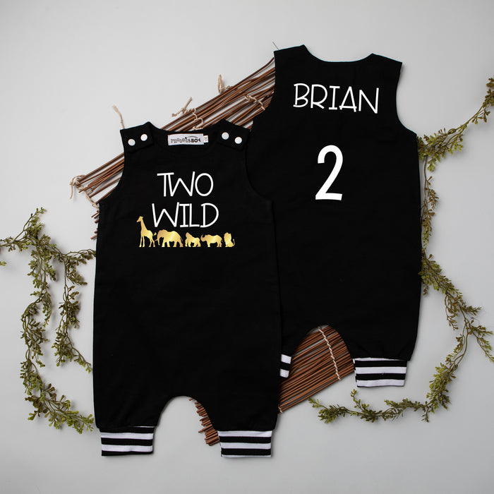 Gray "Two WIld" Jungle Themed Romper with Striped Cuff