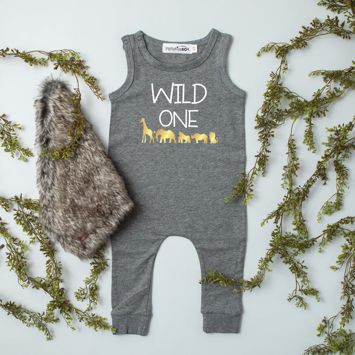 Gray "Wild One" Jungle Slim Fit First Birthday Romper