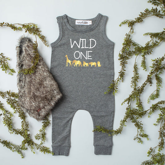 Gray "Wild One" Jungle Slim Fit First Birthday Romper
