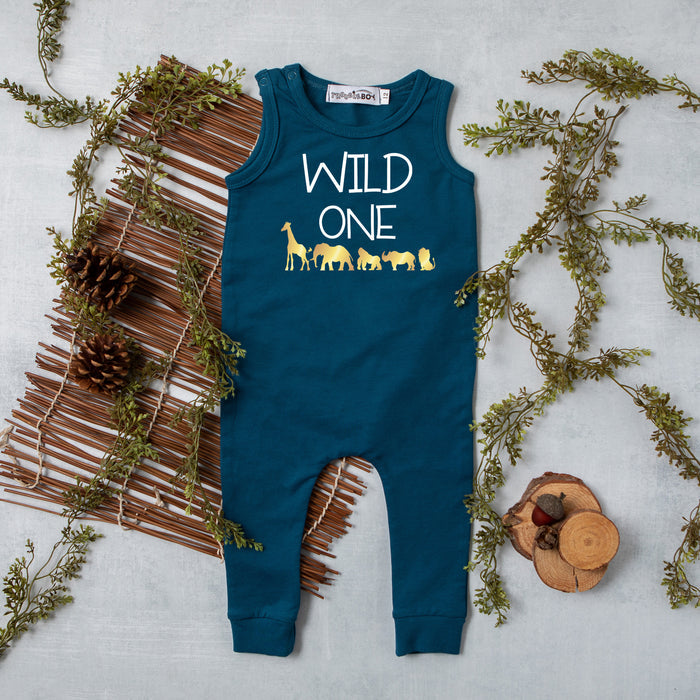 Gray "Wild One" Jungle Slim Fit First Birthday Romper