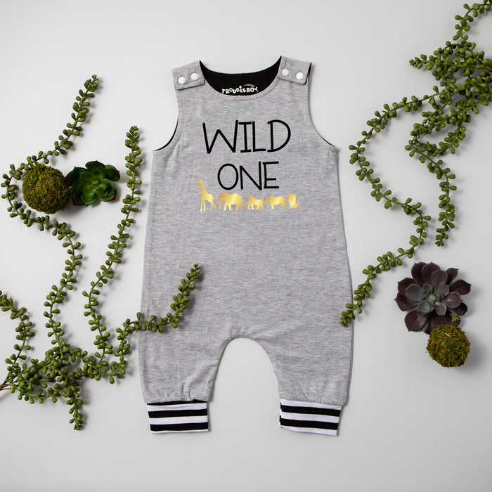 Gray "Wild One" Jungle Themed Romper with Striped Cuff