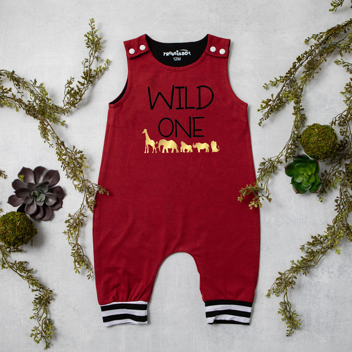 Gray "Wild One" Jungle Themed Romper with Striped Cuff