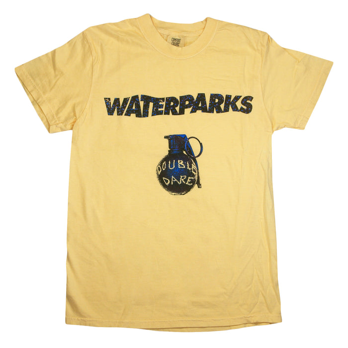Yellow t-shirt made from soft, ring-spun cotton with WATERPARKS in bold text and a blue and black hand grenade illustration below labeled DOUBLE DARE.