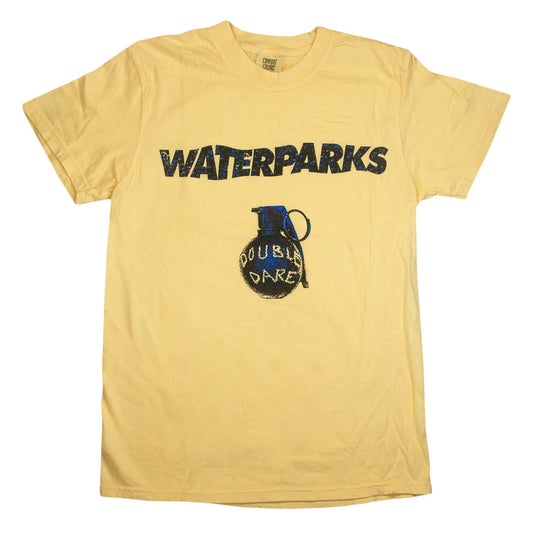 Yellow t-shirt made from soft, ring-spun cotton with WATERPARKS in bold text and a blue and black hand grenade illustration below labeled DOUBLE DARE.