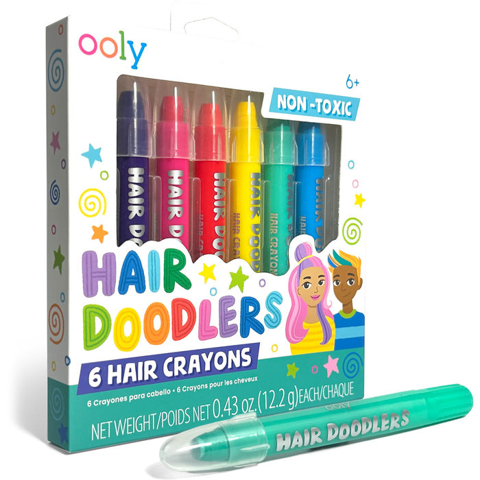 OOLY Hair Doodlers Hair Crayons - Set of 6 quarter angle of packaging