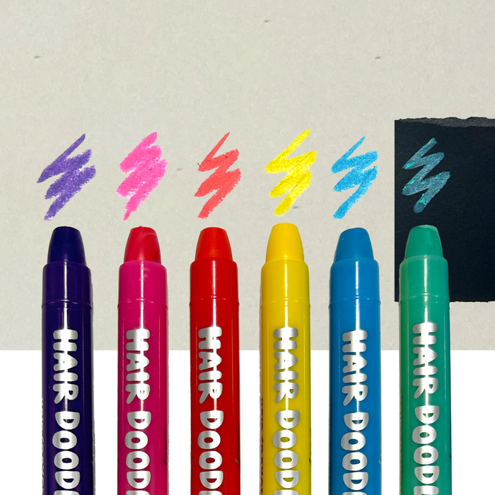 OOLY Hair Doodlers Hair Crayons - Set of 6 row of hair crayons with swatches