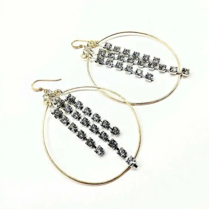 Hammered 14 K Gold Filled Oval Hoop Crystal Chain Earrings showcasing sparkling crystal details.