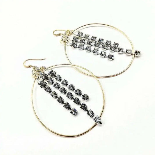 Hammered 14 K Gold Filled Oval Hoop Crystal Chain Earrings showcasing sparkling crystal details.