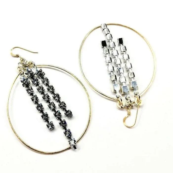 Hammered 14 K Gold Filled Oval Hoop Crystal Chain Earrings showcasing unique crystal designs.