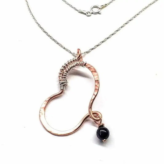 Hammered Copper Butterfly Wing Child Abuse Survivor Necklace with black Swarovski crystal teardrop