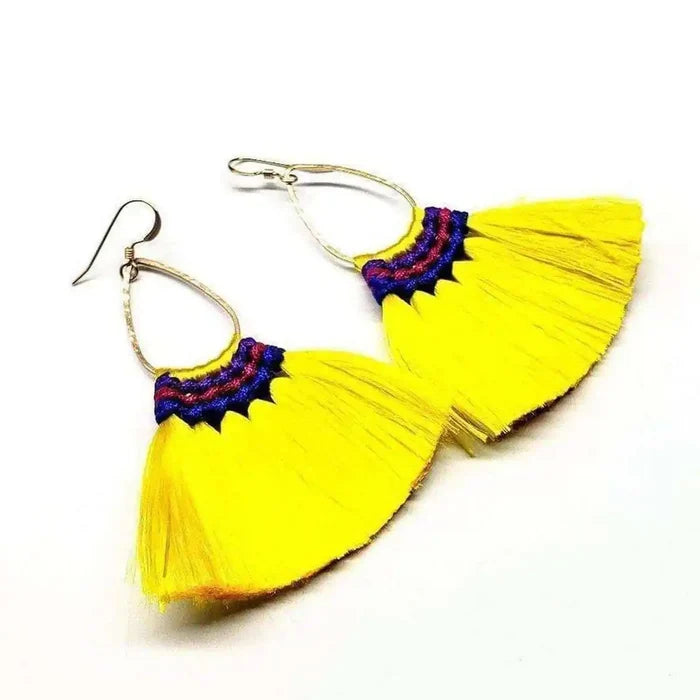 Handmade Hawaii Hula Skirt Rayon Silk Tassel Hoop Earrings featuring vibrant yellow tassels and colorful details.
