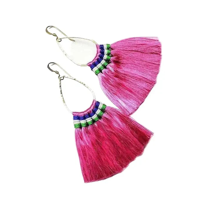 Handmade Hawaii Hula Skirt Rayon Silk Tassel Hoop Earrings with vibrant pink tassels and colorful details.