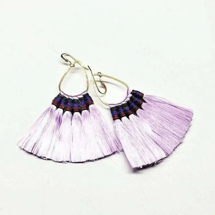 Handmade Hawaii Hula Skirt Rayon Silk Tassel Hoop Earrings featuring lavender silk tassels on hoop design.