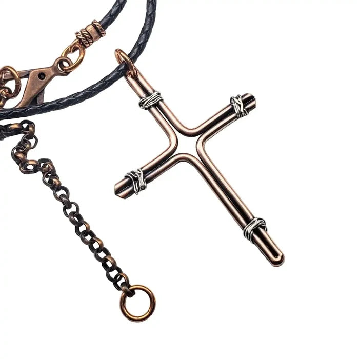 Handmade Large Copper and Silver Wire Cross Necklace for Men on a black cord with metal accents.
