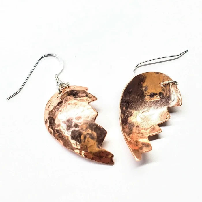 Handmade Sculpted Copper Broken Heart Earrings showcasing unique, artisan-crafted design in copper, symbolizing emotional expression.