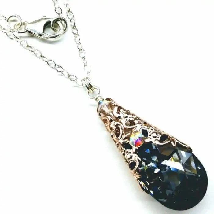 Handmade Sculpted Wrapped Rose Gold Filigree Crystal Necklace featuring a black diamond Swarovski crystal pendant.