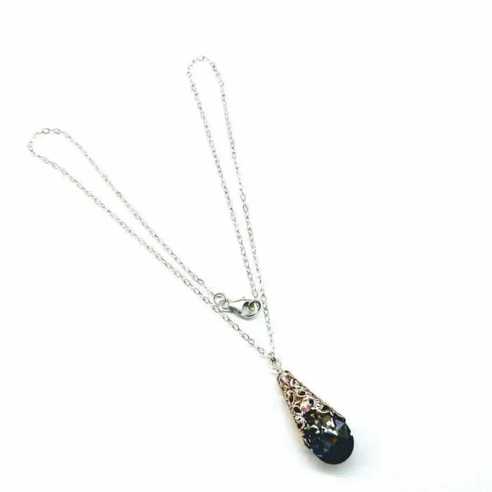 Handmade Sculpted Wrapped Rose Gold Filigree Crystal Necklace featuring a black diamond Swarovski crystal.