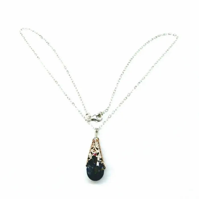Handmade Sculpted Wrapped Rose Gold Filigree Crystal Necklace featuring a black diamond crystal pendant.