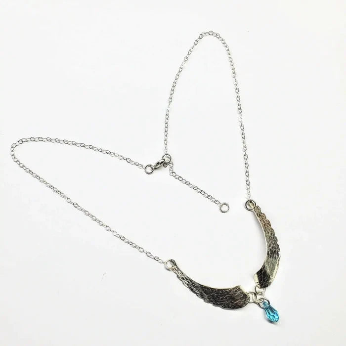 Handmade Silver Forged Sculpted Angel Wings Necklace with Swarovski crystal teardrop accent