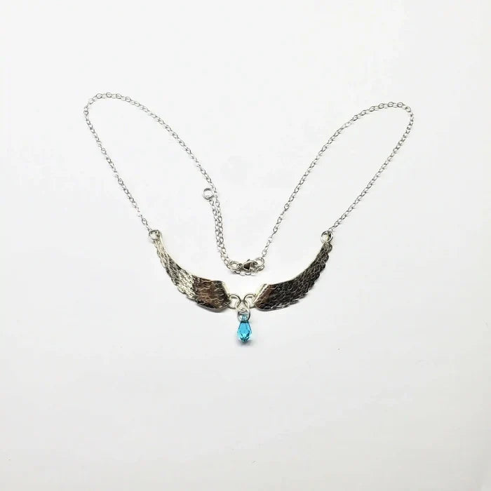 Handmade Silver Forged Sculpted Angel Wings Necklace with Swarovski crystal teardrop.