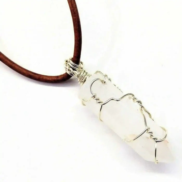Handmade Silver Wire Wrapped Gemstone Crystal Point Pendant on a leather cord