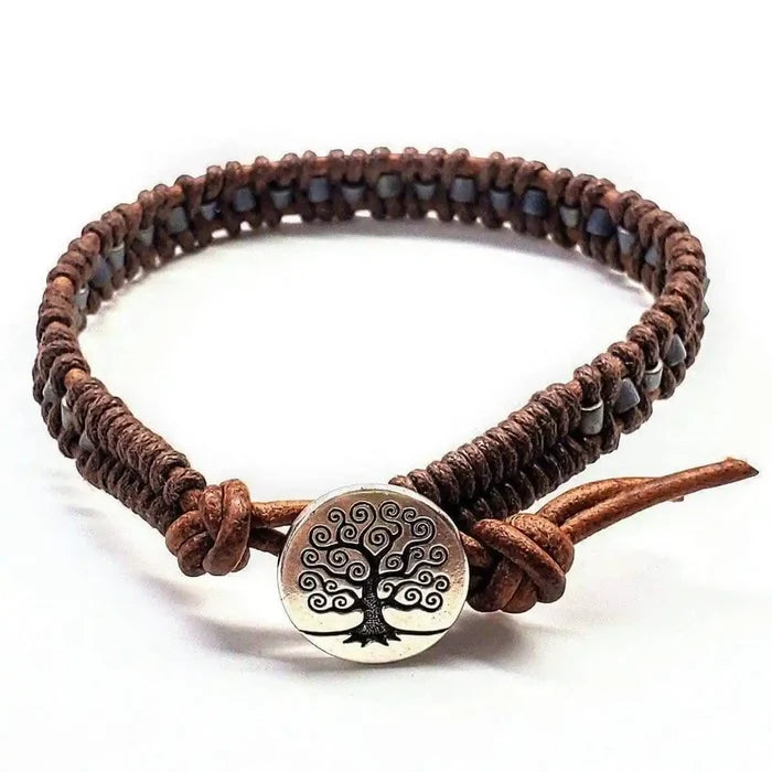 Handmade Tree of Life leather wrap bracelet with brown and gray seed beads, featuring a tree charm.