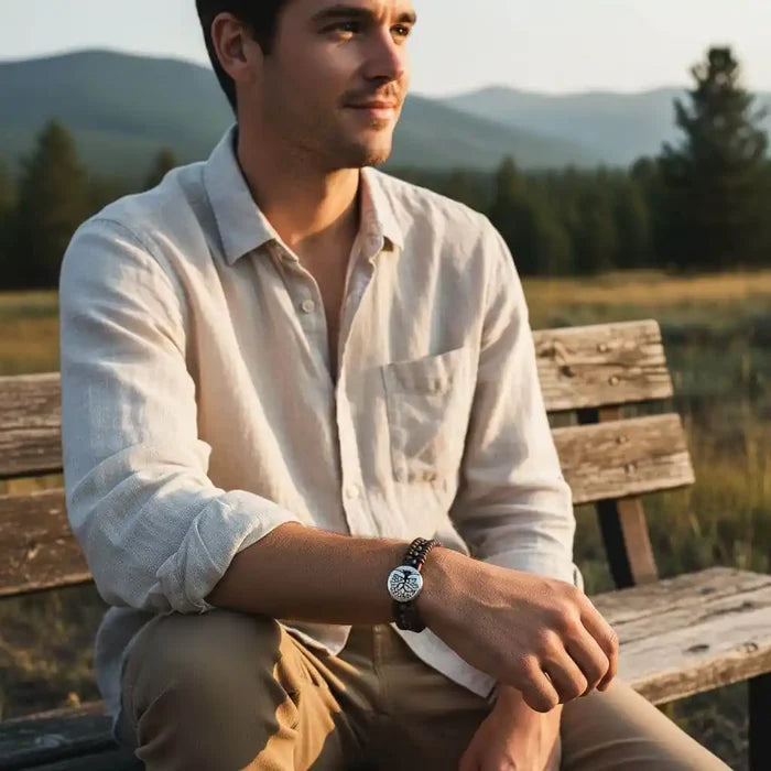 A man wearing a watch and a Handmade Tree of Life leather wrap bracelet, seated on a bench in a scenic outdoor setting.