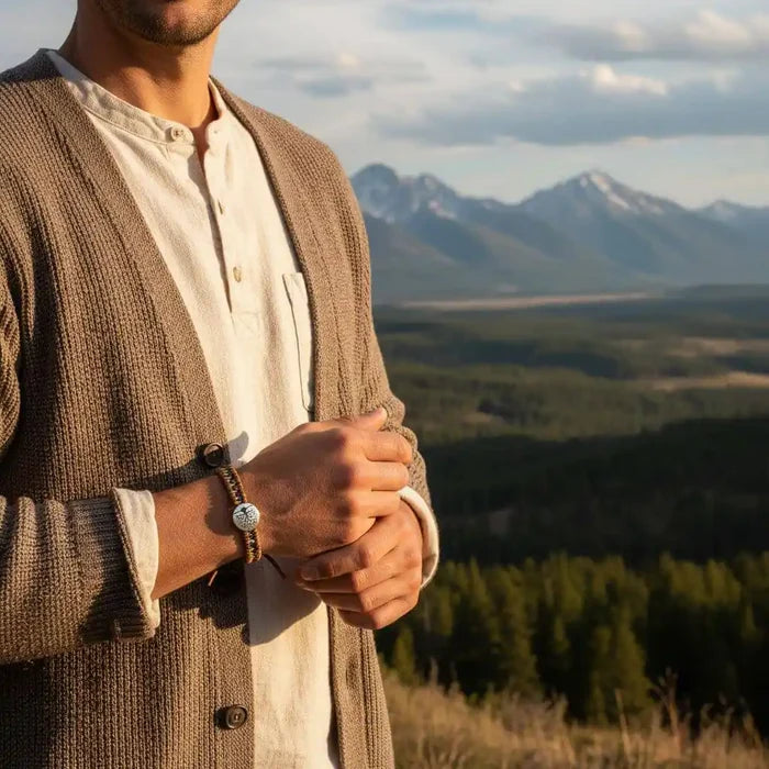 A man wearing a Handmade Tree of Life leather wrap bracelet, showcasing the natural landscape of mountains behind him.