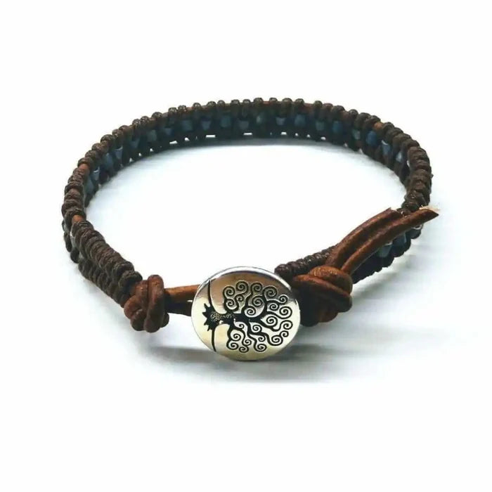 Handmade Tree of Life leather wrap bracelet with earthy brown and gray seed beads and a metal tree charm.