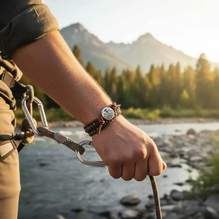 Handmade Tree of Life leather wrap bracelet worn on a person's wrist in a natural outdoor setting.