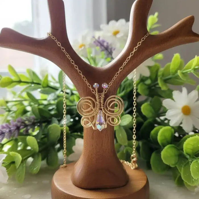 Handmade Wire Sculpted Crystal Butterfly Necklace